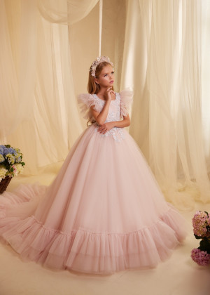Leaf Lace Tulle V Back Extraordinary Flower Girl Dress